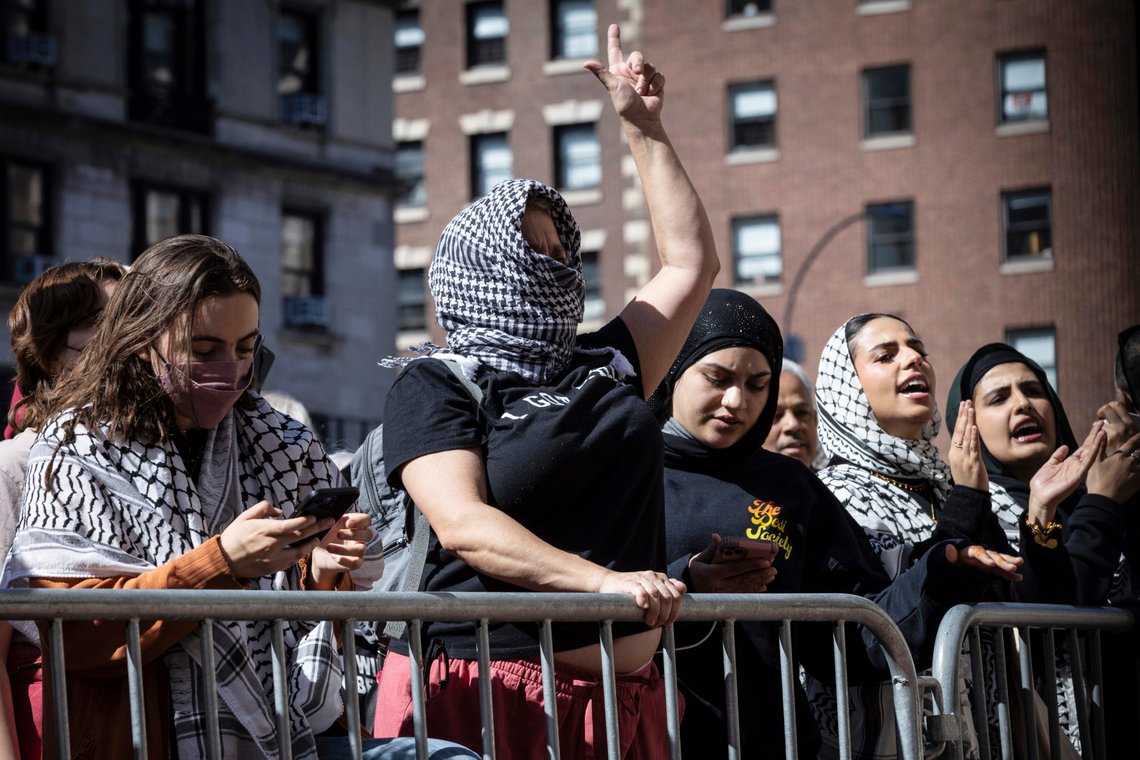 Student protesters rally on Broadway near the Pro-Palestinians protest encampment at the Columbia University campus in New York, Monday April 22, 2024. (AP Photo/Stefan Jeremiah) Student protesters rally on Broadway near the Pro-Palestinians protest encampment at the Columbia University campus in New York, Monday April 22, 2024. (AP Photo/Stefan Jeremiah)