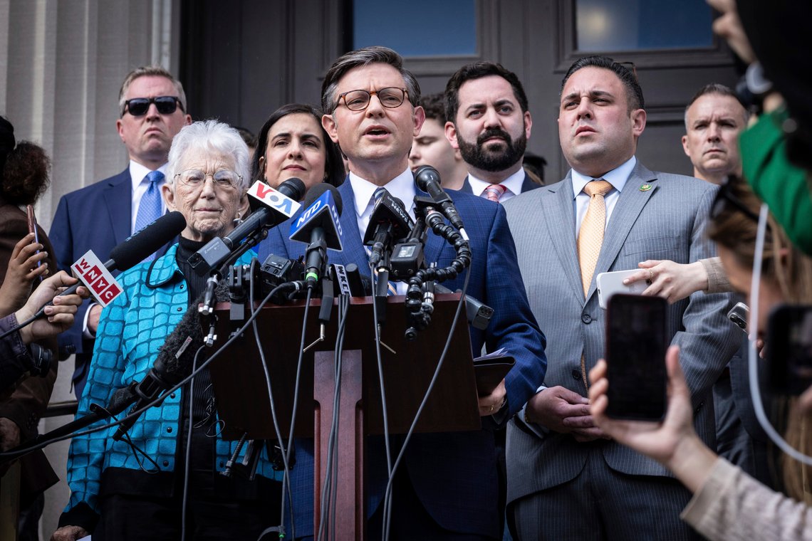 Speaker of the House Mike Johnson (R-LA) speaks to the media on the Lower Library steps on Columbia University's campus in New York on Wednesday April 24, 2024. (AP Photo/Stefan Jeremiah) Speaker of the House Mike Johnson (R-LA) speaks to the media on the Lower Library steps on Columbia University's campus in New York on Wednesday April 24, 2024. (AP Photo/Stefan Jeremiah)