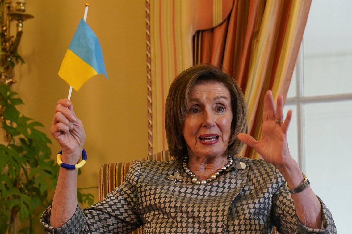 Former Speaker of the United States House of Representatives Nancy Pelosi holds a Ukrainian flag during a fireside chat with U.S. Ambassador to Ireland, Claire Cronin, at the Ambassador's residence, Phoenix Park, in Dublin, Sunday, April 21, 2024. (Brian Lawless/PA via AP) Former Speaker of the United States House of Representatives Nancy Pelosi holds a Ukrainian flag during a fireside chat with U.S. Ambassador to Ireland, Claire Cronin, at the Ambassador's residence, Phoenix Park, in Dublin, Sunday, April 21, 2024. (Brian Lawless/PA via AP)