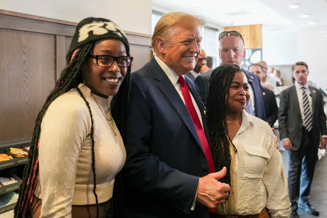 Republican presidential candidate former President Donald Trump, center, takes a photo with customers as he visits a Chick-fil-A eatery, Wednesday, April 10, 2024, in Atlanta. (AP Photo/Jason Allen) Republican presidential candidate former President Donald Trump, center, takes a photo with customers as he visits a Chick-fil-A eatery, Wednesday, April 10, 2024, in Atlanta. (AP Photo/Jason Allen)