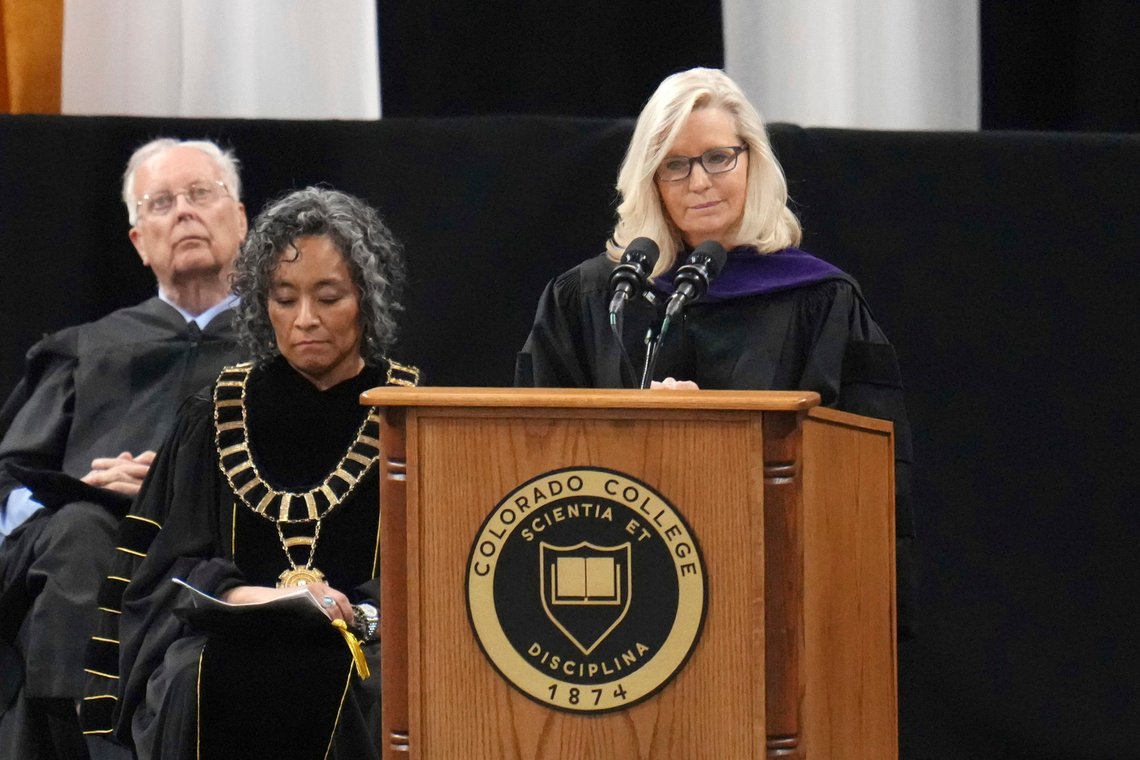 Former U.S. Rep. Liz Cheney, R-Wyo., delivers the commencement address at Colorado College, Sunday, May 28, 2023, in Colorado Springs, Colo. (AP Photo/Jack Dempsey) Former U.S. Rep. Liz Cheney, R-Wyo., delivers the commencement address at Colorado College, Sunday, May 28, 2023, in Colorado Springs, Colo. (AP Photo/Jack Dempsey)