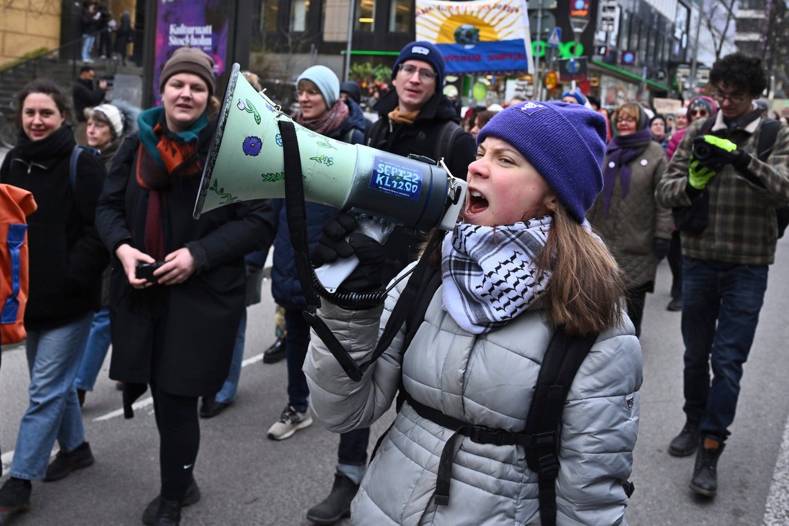 Climate activist Greta Thunberg attends the Fridays for Future climate strike in Stockholm, Sweden, Friday April 19, 2024. (Claudio Bresciani/TT News Agency via AP) Climate activist Greta Thunberg attends the Fridays for Future climate strike in Stockholm, Sweden, Friday April 19, 2024. (Claudio Bresciani/TT News Agency via AP)