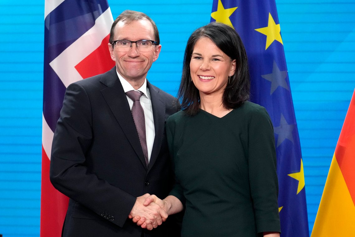 German Foreign Minister Annalena Baerbock, right, shakes hands with her Norwegian counterpart Espen Barth Eide, after a joint press conference at the Foreign Ministry in Berlin, Thursday, March 14, 2024. (AP Photo/Ebrahim Noroozi) German Foreign Minister Annalena Baerbock, right, shakes hands with her Norwegian counterpart Espen Barth Eide, after a joint press conference at the Foreign Ministry in Berlin, Thursday, March 14, 2024. (AP Photo/Ebrahim Noroozi)
