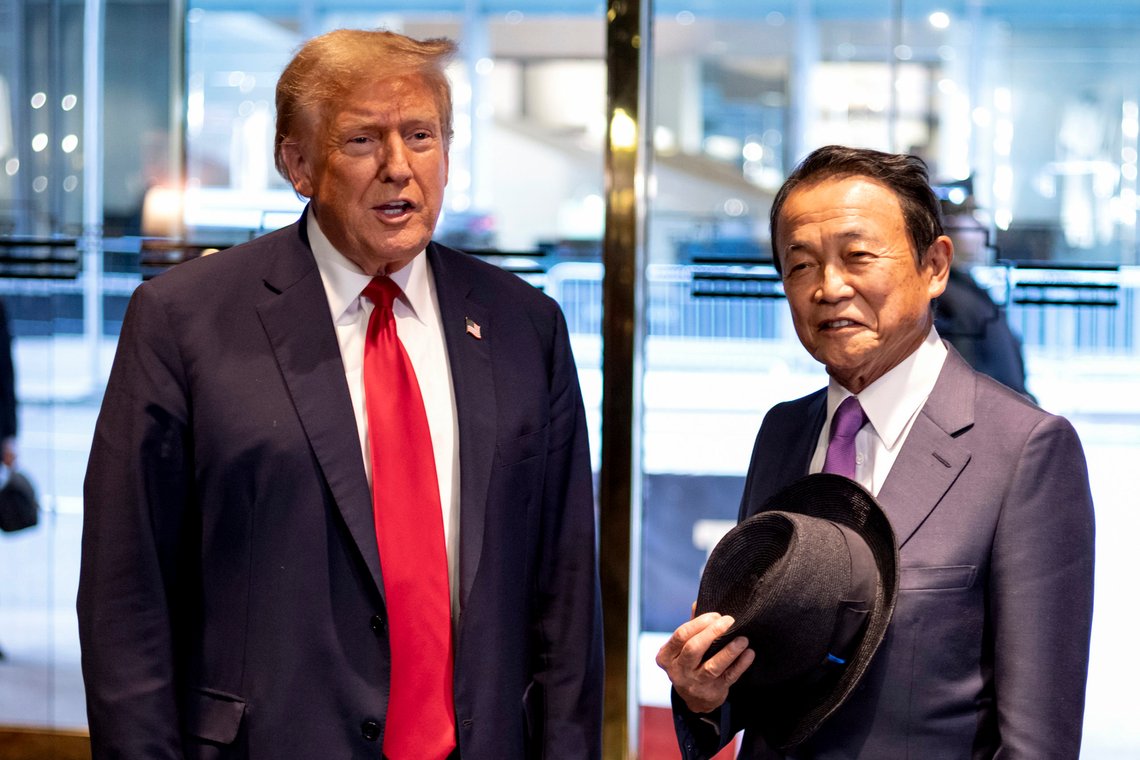 Republican presidential candidate former President Donald Trump meets with former Japanese Prime Minister Taro Aso at Trump Tower in midtown Manhattan in New York, Tuesday, April 23, 2024. (AP Photo/Craig Ruttle) Republican presidential candidate former President Donald Trump meets with former Japanese Prime Minister Taro Aso at Trump Tower in midtown Manhattan in New York, Tuesday, April 23, 2024. (AP Photo/Craig Ruttle)