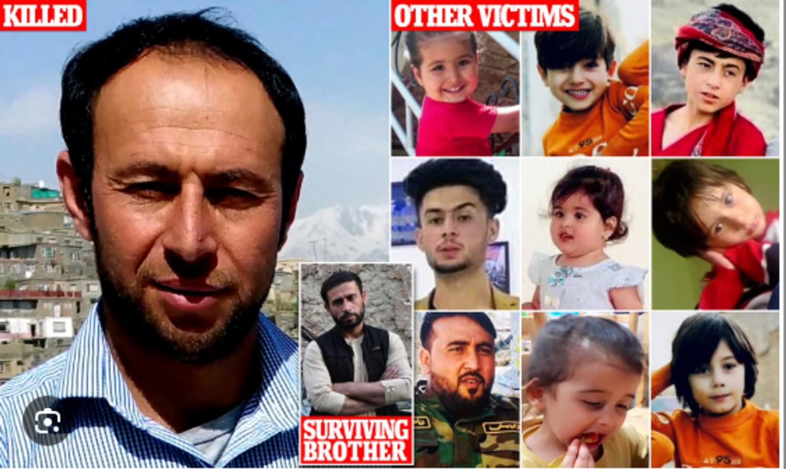 De 10 ofrene feilaktig drept av et amerikansk droneangrep i Kabul som var rettet mot IS-K i Afghanistan. Hjelpearbeider Zemari Ahmadis og ni medlemmer av hans familie ble drept, flere av dem små barn. Skjermbilde fra Daily Mail. De 10 ofrene feilaktig drept av et amerikansk droneangrep i Kabul som var rettet mot IS-K i Afghanistan. Hjelpearbeider Zemari Ahmadis og ni medlemmer av hans familie ble drept, flere av dem små barn. Skjermbilde fra Daily Mail.