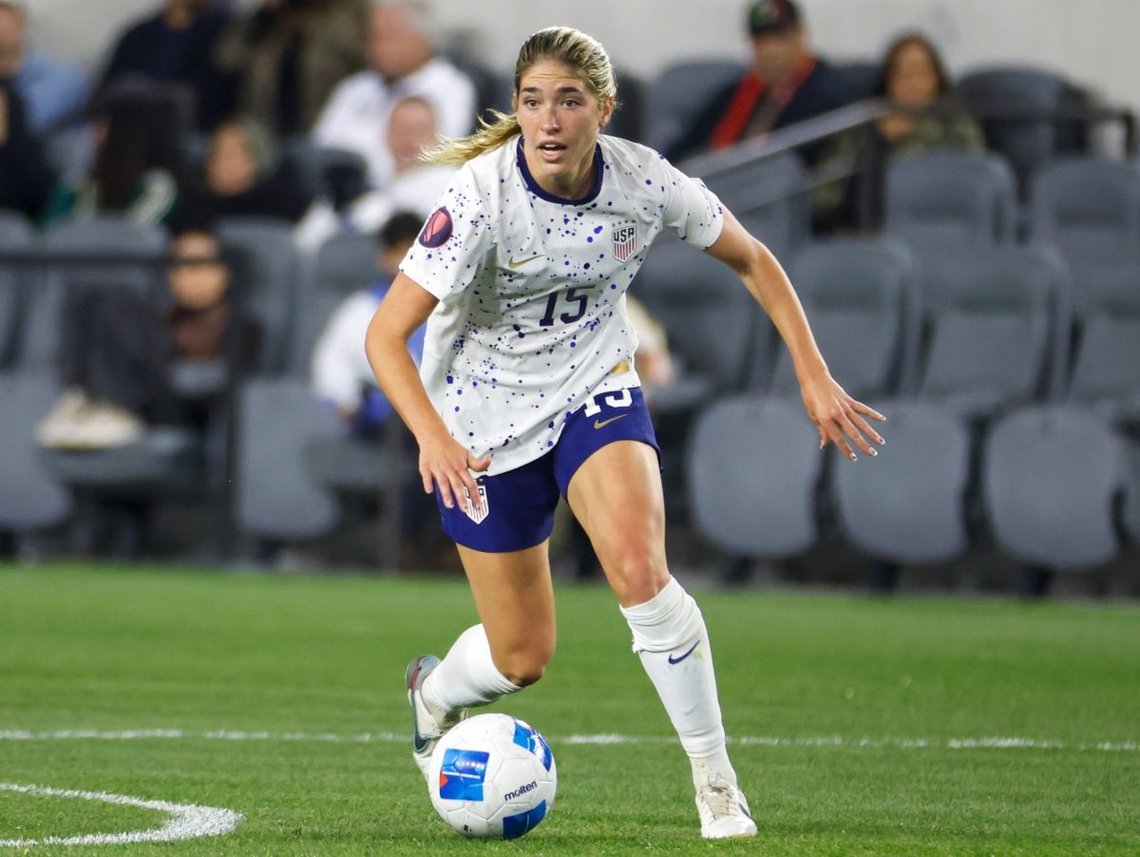 United States' KORBIN ALBERT #15 in actions against the Colombia during a 2024 Concacaf W Gold Cup quarter-final soccer match in Los Angeles, March 3, 2024. Photo: Shutterstock by Ringo Chiu, United States. United States' KORBIN ALBERT #15 in actions against the Colombia during a 2024 Concacaf W Gold Cup quarter-final soccer match in Los Angeles, March 3, 2024. Photo: Shutterstock by Ringo Chiu, United States.