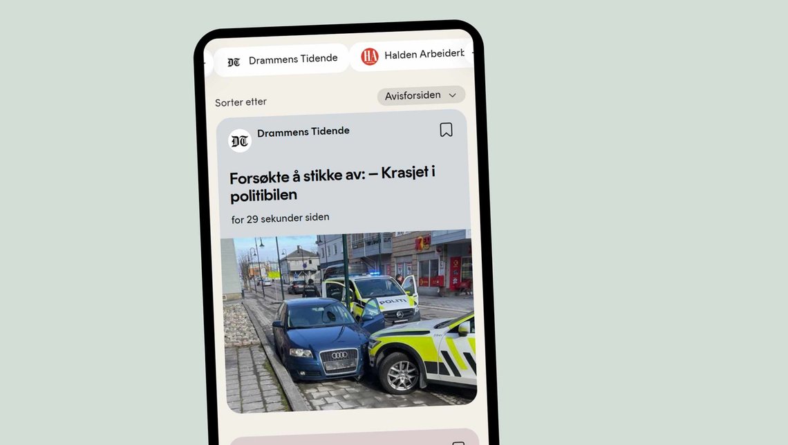 Slik ser Amedias prisvinnende mobilapp ut, som får blandet kritikk i App Store. (Amedia/Montasje) Skjermbilde fra ALT-appen fra Amedia