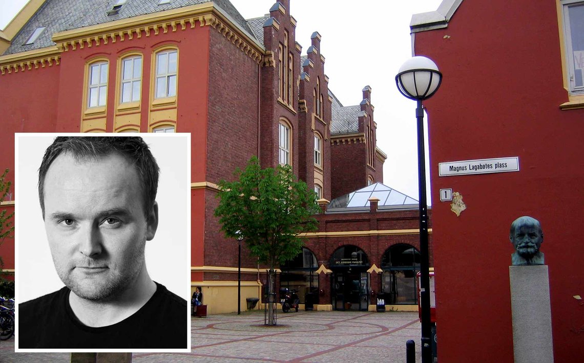 Hva ville Magnus Haakonson sagt om Israel-boikotten? Juridisk fakultet i Bergen ligger på Magnus Lagabøtes plass 1. Jusprofessor Eirik Holmøyvik innfelt. (Foto: Andreas Sandberg og Universitetet i Bergen) Eirik Holmøyvik ved Juridiske fakultet Universitetet i Bergen