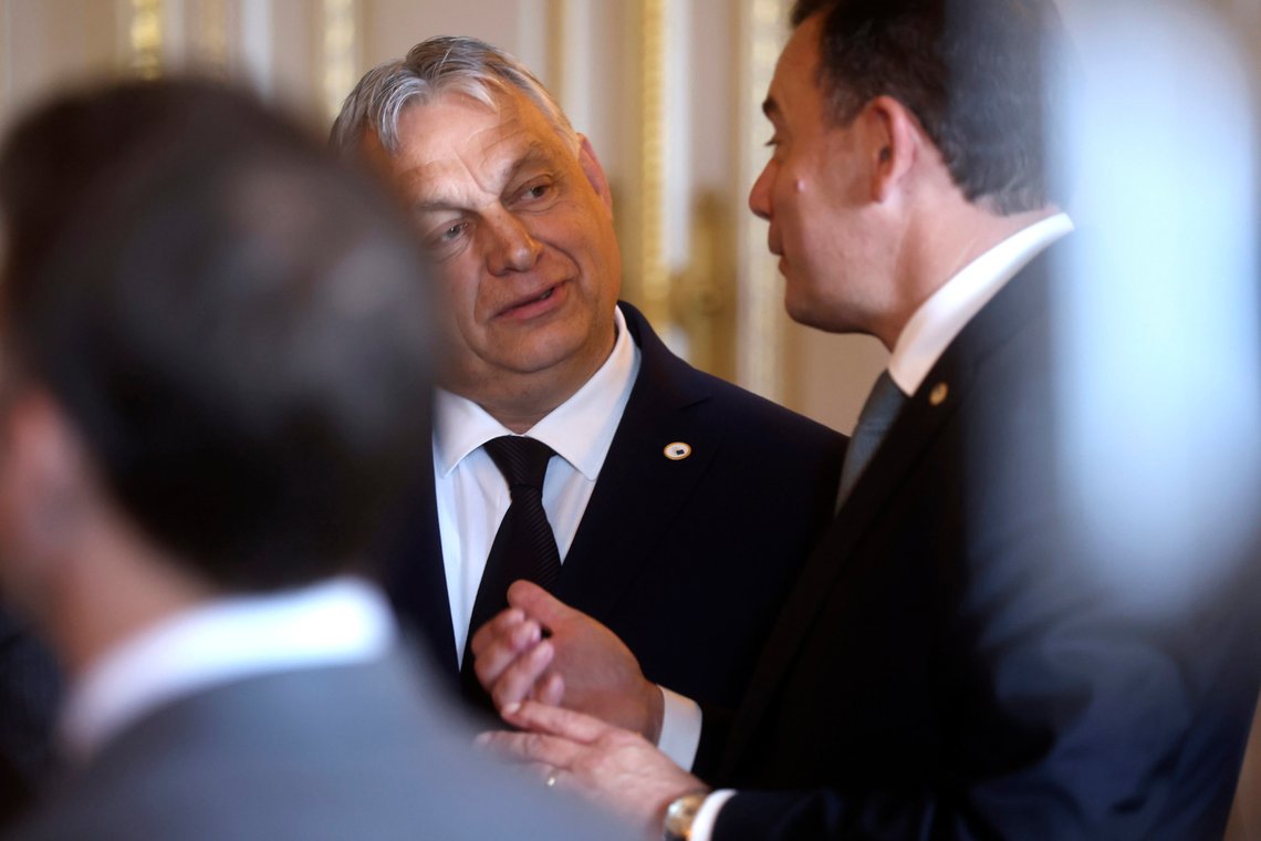 Hungary's Prime Minister Viktor Orban, center, speaks with Portugal's Prime Minister Luis Montenegro during a reception at the Royal Palace prior to an EU summit in Brussels, Wednesday, April 17, 2024. (Olivier Hoslet, Pool Photo via AP) Hungary's Prime Minister Viktor Orban, center, speaks with Portugal's Prime Minister Luis Montenegro during a reception at the Royal Palace prior to an EU summit in Brussels, Wednesday, April 17, 2024. (Olivier Hoslet, Pool Photo via AP)