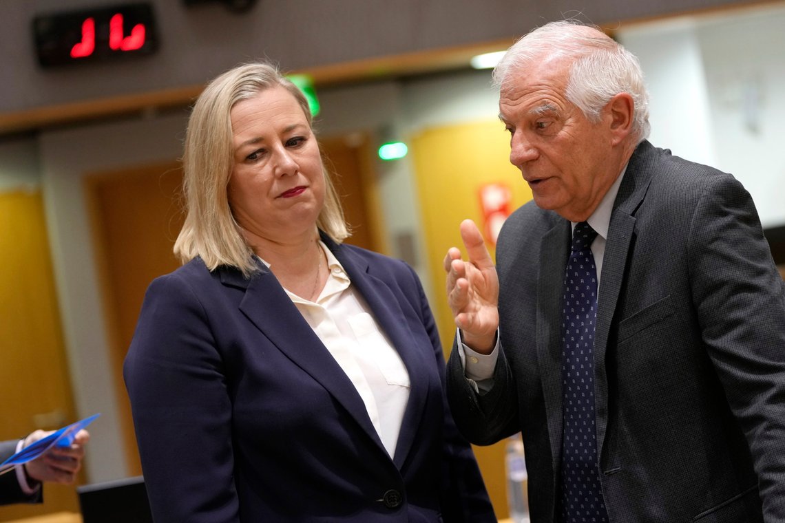 European Union foreign policy chief Josep Borrell, right, speaks with European Commissioner for International Partnerships Jutta Urpilainen during a meeting of EU foreign and development ministers at the European Council building in Brussels, Tuesday, May 7, 2024. EU foreign and development ministers meet Tuesday in Brussels to discuss the humanitarian aspects and reconstruction in Gaza. (AP Photo/Virginia Mayo) European Union foreign policy chief Josep Borrell, right, speaks with European Commissioner for International Partnerships Jutta Urpilainen during a meeting of EU foreign and development ministers at the European Council building in Brussels, Tuesday, May 7, 2024. EU foreign and development ministers meet Tuesday in Brussels to discuss the humanitarian aspects and reconstruction in Gaza. (AP Photo/Virginia Mayo)