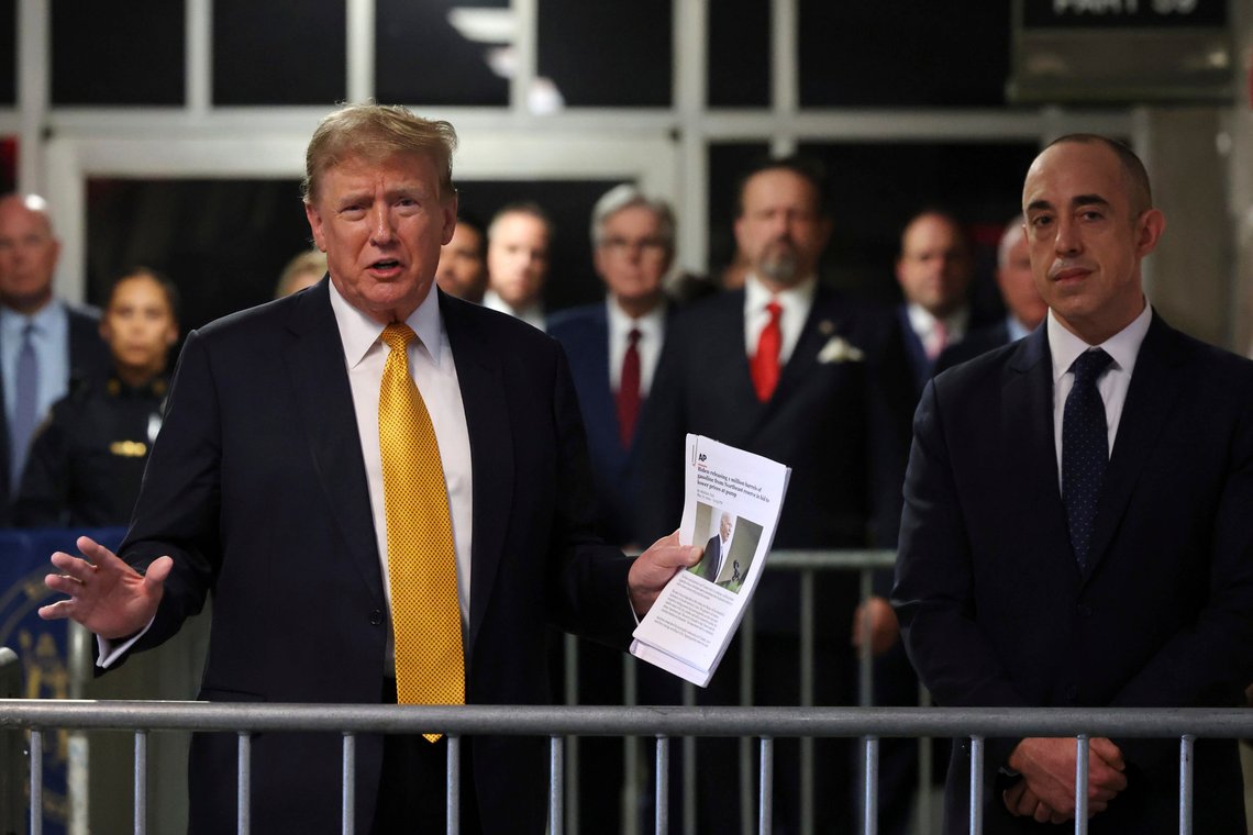 Former President Donald Trump speaks to reporters at Manhattan Criminal Court on Tuesday, May 21, 2024 in New York. (Michael M. Santiago/Pool Photo via AP) Former President Donald Trump speaks to reporters at Manhattan Criminal Court on Tuesday, May 21, 2024 in New York. (Michael M. Santiago/Pool Photo via AP)