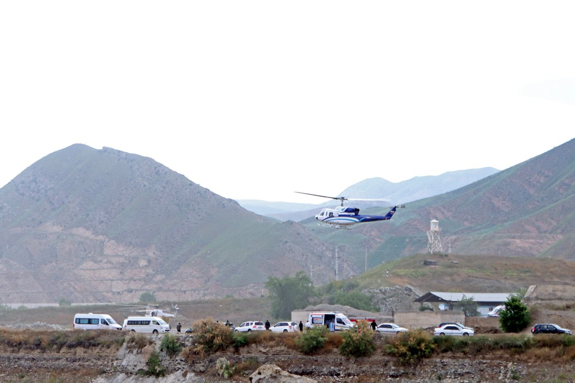 In this photo provided by Islamic Republic News Agency, IRNA, the helicopter carrying Iranian President Ebrahim Raisi takes off at the Iranian border with Azerbaijan after President Raisi and his Azeri counterpart Ilham Aliyev inaugurated dam of Qiz Qalasi, or Castel of Girl in Azeri, Iran, Sunday, May 19, 2024. A helicopter carrying President Raisi suffered a "hard landing" on Sunday, Iranian state media reported, without elaborating. (Ali Hamed Haghdoust/IRNA via AP) In this photo provided by Islamic Republic News Agency, IRNA, the helicopter carrying Iranian President Ebrahim Raisi takes off at the Iranian border with Azerbaijan after President Raisi and his Azeri counterpart Ilham Aliyev inaugurated dam of Qiz Qalasi, or Castel of Girl in Azeri, Iran, Sunday, May 19, 2024. A helicopter carrying President Raisi suffered a "hard landing" on Sunday, Iranian state media reported, without elaborating. (Ali Hamed Haghdoust/IRNA via AP)