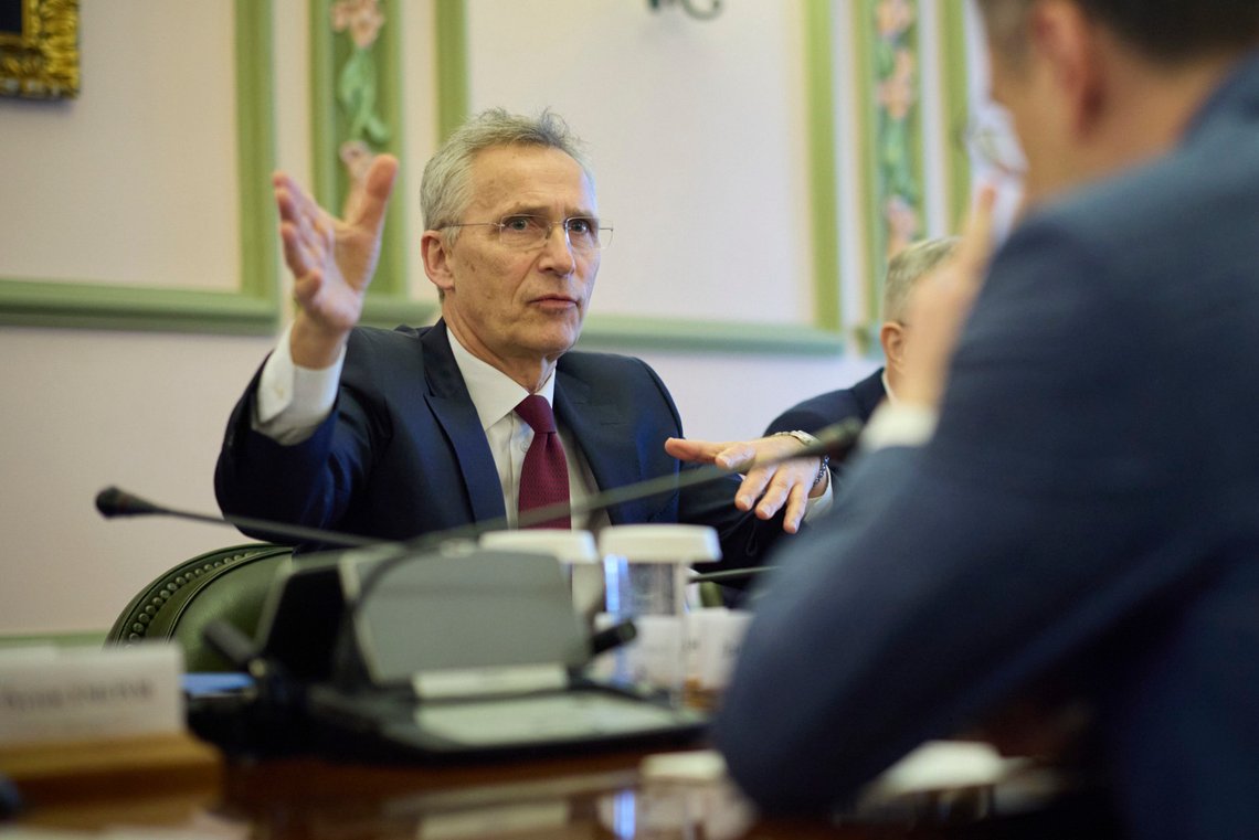 NATO Secretary General Jens Stoltenberg talks during his meeting with Ukrainian President Volodymyr Zelenskyy in Kyiv Ukraine, Monday, April 29, 2024. (Ukrainian Presidential Press Office via AP) NATO Secretary General Jens Stoltenberg talks during his meeting with Ukrainian President Volodymyr Zelenskyy in Kyiv Ukraine, Monday, April 29, 2024. (Ukrainian Presidential Press Office via AP)