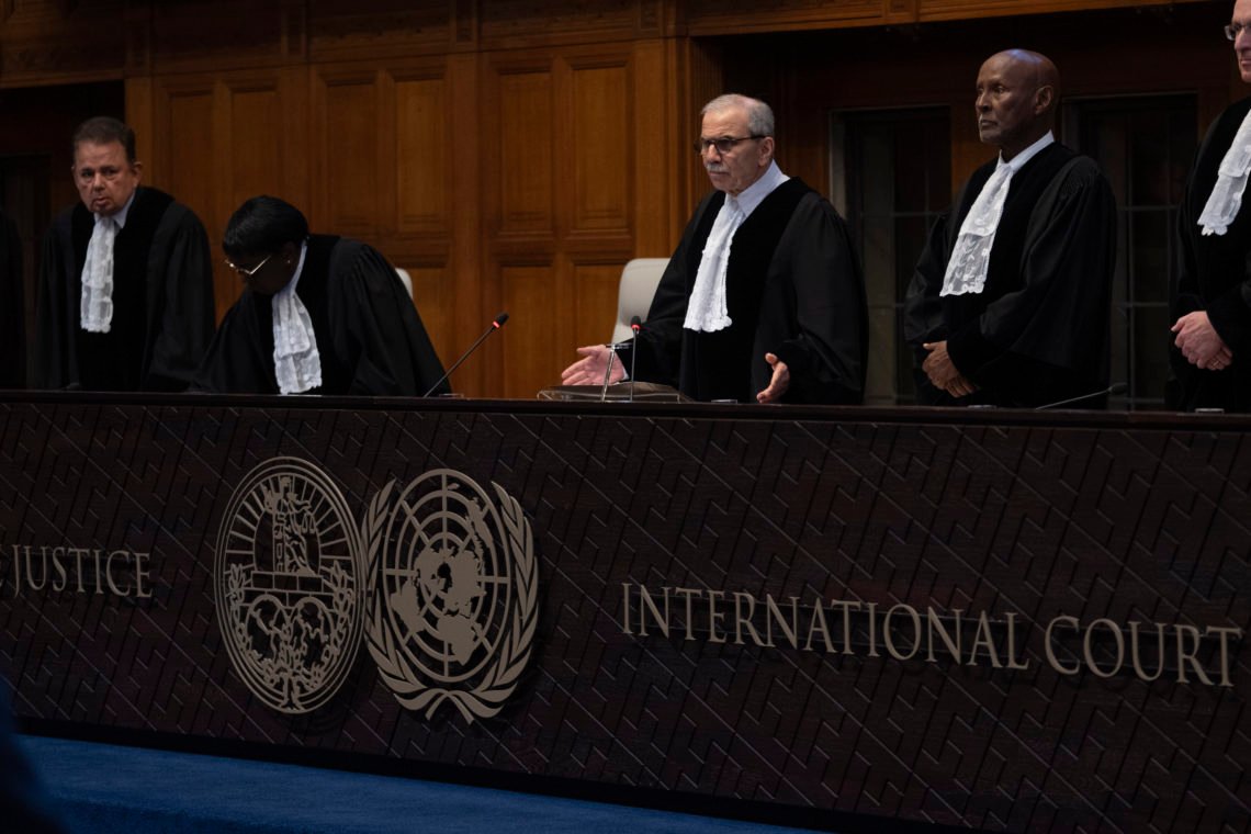 Presiding Judge Nawaf Salam ask the parties to be seated before he starts reading the ruling of the International Court of Justice, or World Court, in The Hague, Netherlands, Friday, May 24, 2024, where the top United Nations court ruled on an urgent plea by South Africa for judges to order Israel to halt its military operations in Gaza and withdraw from the enclave. (AP Photo/Peter Dejong) Presiding Judge Nawaf Salam ask the parties to be seated before he starts reading the ruling of the International Court of Justice, or World Court, in The Hague, Netherlands, Friday, May 24, 2024, where the top United Nations court ruled on an urgent plea by South Africa for judges to order Israel to halt its military operations in Gaza and withdraw from the enclave. (AP Photo/Peter Dejong)