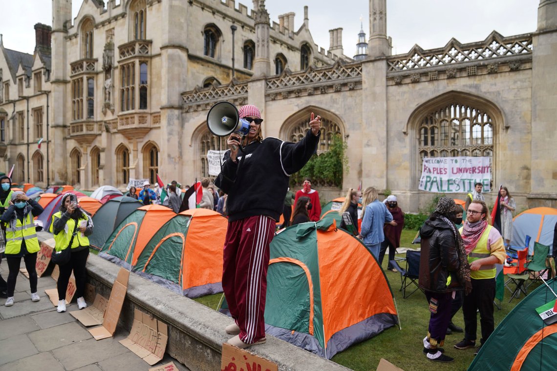 Students protest against the war in Gaza, at an encampment on the grounds of Cambridge University, England, Tuesday May 7, 2024. Students in the UK, including in Leeds, Newcastle and Bristol, have set up tents outside university buildings, replicating the nationwide campus demonstrations which began in the US last month. (Joe Giddens/PA via AP) Students protest against the war in Gaza, at an encampment on the grounds of Cambridge University, England, Tuesday May 7, 2024. Students in the UK, including in Leeds, Newcastle and Bristol, have set up tents outside university buildings, replicating the nationwide campus demonstrations which began in the US last month. (Joe Giddens/PA via AP)