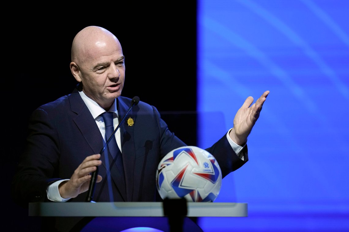 FILE - FIFA President Ganni Infantino addresses the 78th Conmebol Congress in Luque, Paraguay, Thursday, April 11, 2024. FIFA has been told to reschedule its inaugural expanded Club World Cup just over a year before the tournament is due to be hosted by America. (AP Photo/Jorge Saenz, File) FILE - FIFA President Ganni Infantino addresses the 78th Conmebol Congress in Luque, Paraguay, Thursday, April 11, 2024. FIFA has been told to reschedule its inaugural expanded Club World Cup just over a year before the tournament is due to be hosted by America. (AP Photo/Jorge Saenz, File)