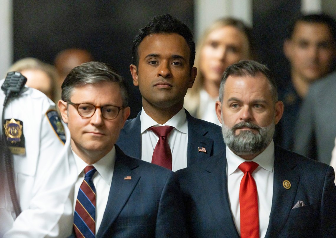 From left U.S Speaker of the House Mike Johnson, businessman Vivek Ramaswamy and Republican Congressman Cory Mills of Florida listen as former President Donald Trump talks with reporters outside Manhattan criminal court before his trial in New York, Tuesday, May 14, 2024. (Justin Lane/Pool Photo via AP) From left U.S Speaker of the House Mike Johnson, businessman Vivek Ramaswamy and Republican Congressman Cory Mills of Florida listen as former President Donald Trump talks with reporters outside Manhattan criminal court before his trial in New York, Tuesday, May 14, 2024. (Justin Lane/Pool Photo via AP)