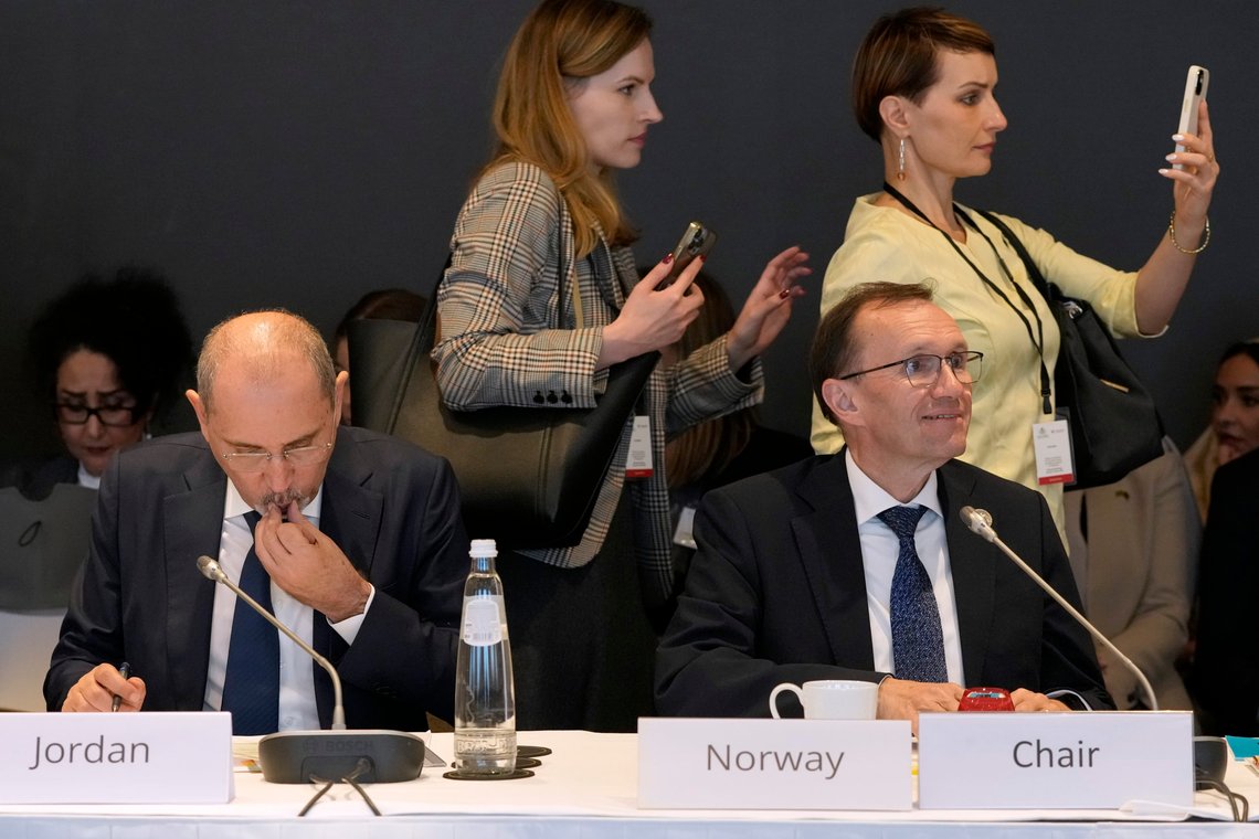 Jordan's Minister of Foreign Affairs Ayman Safadi, left, and Norway's Foreign Minister Espen Barth Eide attend a meeting of talks on the Middle East in Brussels, Sunday, May 26, 2024. The European Union's foreign policy chief Josep Borrell insisted Sunday that Israel must abide by the UN top court's rulings and end its offensive in the southern Gaza city of Rafah and, at the same time, questioned the possible involvement of authorities in the settler violence against Palestinians on the West Bank. (AP Photo/Virginia Mayo) Jordan's Minister of Foreign Affairs Ayman Safadi, left, and Norway's Foreign Minister Espen Barth Eide attend a meeting of talks on the Middle East in Brussels, Sunday, May 26, 2024. The European Union's foreign policy chief Josep Borrell insisted Sunday that Israel must abide by the UN top court's rulings and end its offensive in the southern Gaza city of Rafah and, at the same time, questioned the possible involvement of authorities in the settler violence against Palestinians on the West Bank. (AP Photo/Virginia Mayo)