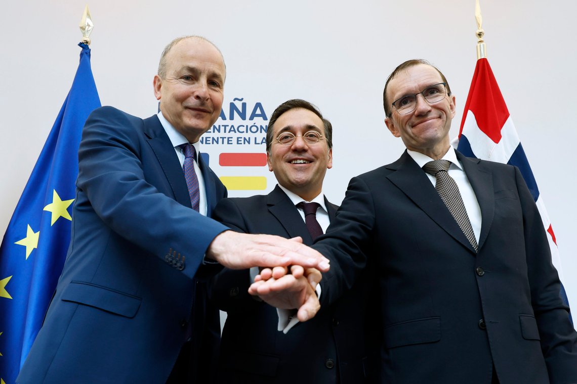 From right, Norway's Foreign Minister Espen Barth Eide, Spain's Foreign Minister Jose Manuel Albares Bueno and Ireland's Foreign Minister Micheal Martin pose for a photo, at the end of a media conference, during talks on the Middle East, in Brussels, Monday, May 27, 2024. (AP Photo/Geert Vanden Wijngaert) From right, Norway's Foreign Minister Espen Barth Eide, Spain's Foreign Minister Jose Manuel Albares Bueno and Ireland's Foreign Minister Micheal Martin pose for a photo, at the end of a media conference, during talks on the Middle East, in Brussels, Monday, May 27, 2024. (AP Photo/Geert Vanden Wijngaert)