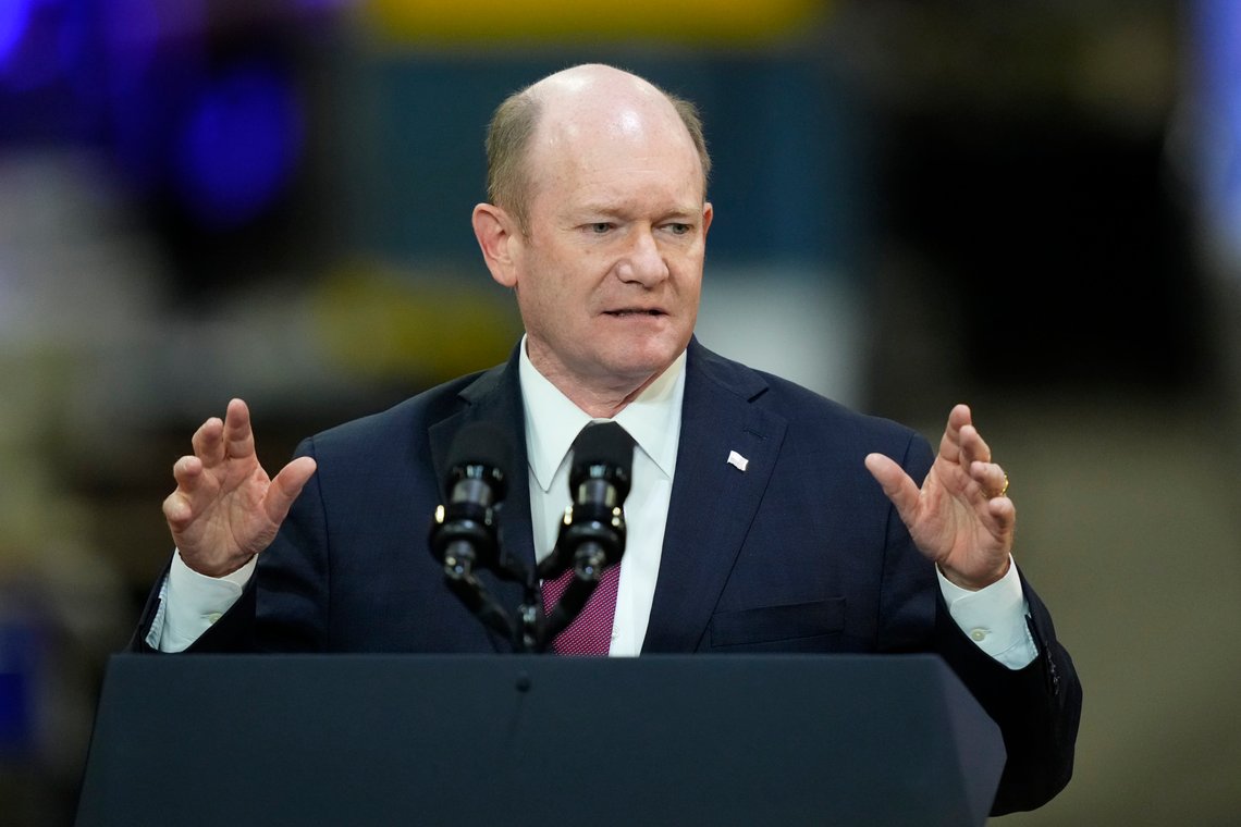 FILE - Sen. Chris Coons, D-Del., speaks in Bear, Del., Nov. 6, 2023. More of President Joe Biden's top Senate allies are demanding that the U.S. act directly to ease Palestinian civilian suffering in Gaza and are joining calls to cut military aid if Israel refuses to change course. Even Coons, Biden's closest confidant in Congress, says it is time to get tougher with the Israeli government. (AP Photo/Matt Rourke, File) FILE - Sen. Chris Coons, D-Del., speaks in Bear, Del., Nov. 6, 2023. More of President Joe Biden's top Senate allies are demanding that the U.S. act directly to ease Palestinian civilian suffering in Gaza and are joining calls to cut military aid if Israel refuses to change course. Even Coons, Biden's closest confidant in Congress, says it is time to get tougher with the Israeli government. (AP Photo/Matt Rourke, File)