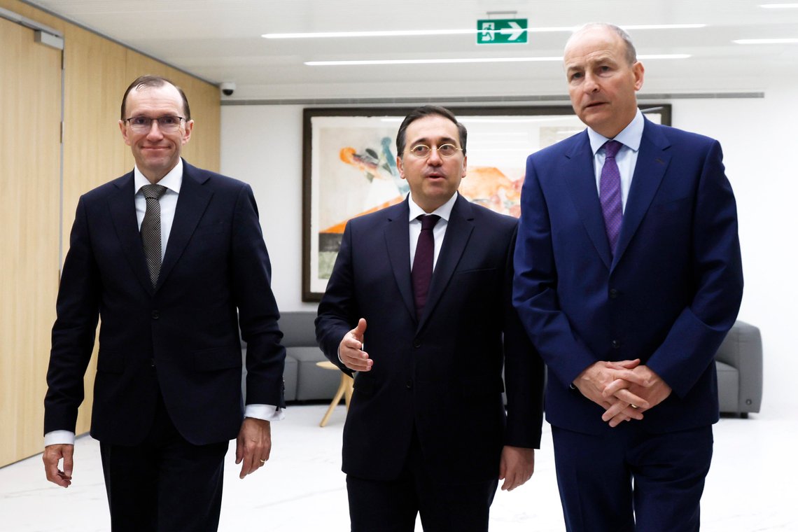 From left, Norway's Foreign Minister Espen Barth Eide, Spain's Foreign Minister Jose Manuel Albares Bueno and Ireland's Foreign Minister Micheal Martin walk together as they arrive for a media conference prior to talks on the Middle East in Brussels, Monday, May 27, 2024. (AP Photo/Geert Vanden Wijngaert) From left, Norway's Foreign Minister Espen Barth Eide, Spain's Foreign Minister Jose Manuel Albares Bueno and Ireland's Foreign Minister Micheal Martin walk together as they arrive for a media conference prior to talks on the Middle East in Brussels, Monday, May 27, 2024. (AP Photo/Geert Vanden Wijngaert)