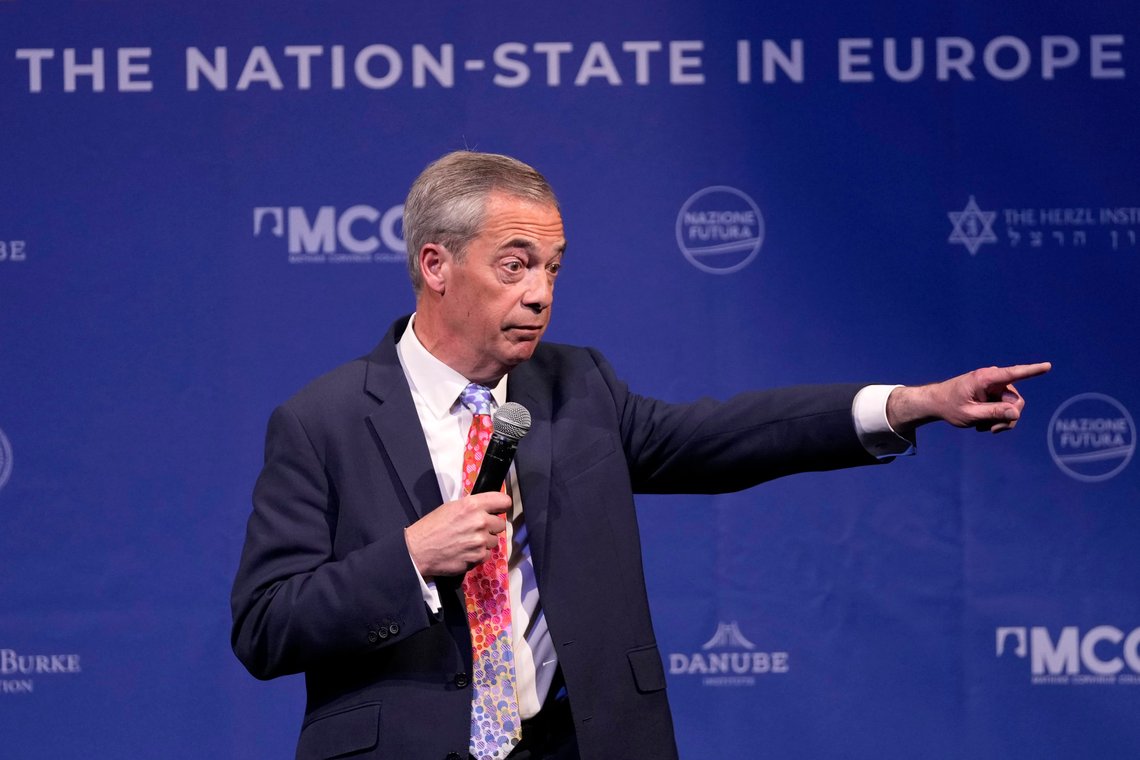 Former MEP and Honorary President of the Reform UK party Nigel Farage speaks during the National Conservatism conference in Brussels, Tuesday, April 16, 2024. (AP Photo/Virginia Mayo) Former MEP and Honorary President of the Reform UK party Nigel Farage speaks during the National Conservatism conference in Brussels, Tuesday, April 16, 2024. (AP Photo/Virginia Mayo)