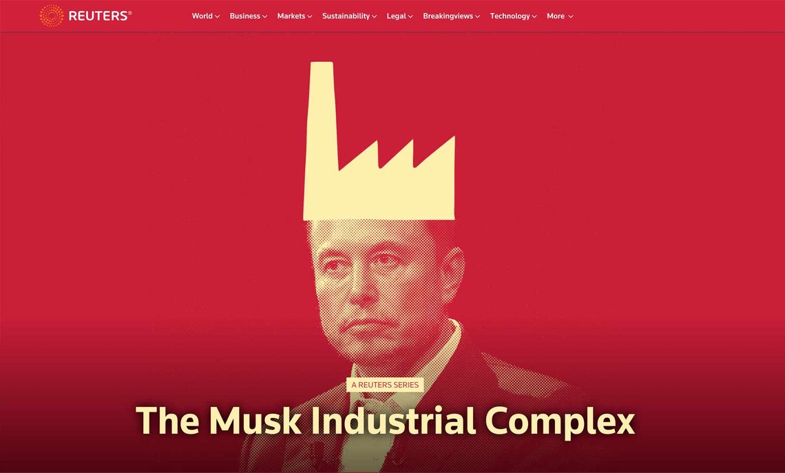 Reuters artikkelserie om Elon Musks selskaper. (Faksimile fra Reuters.com) Reuters artikkelserie om Elon Musks selskaper