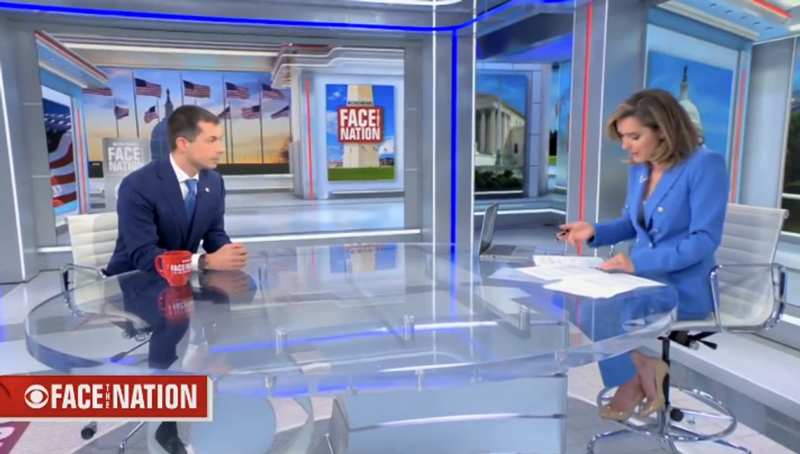 Pete Buttigieg intervjues av CBS-vert Margaret Brennan på Face the Nation søndag. Stillbilde video/ X/ Steve Guest Pete Buttigieg intervjues av CBS-vert Margaret Brennan på Face the Nation søndag. Stillbilde video/ X/ Steve Guest