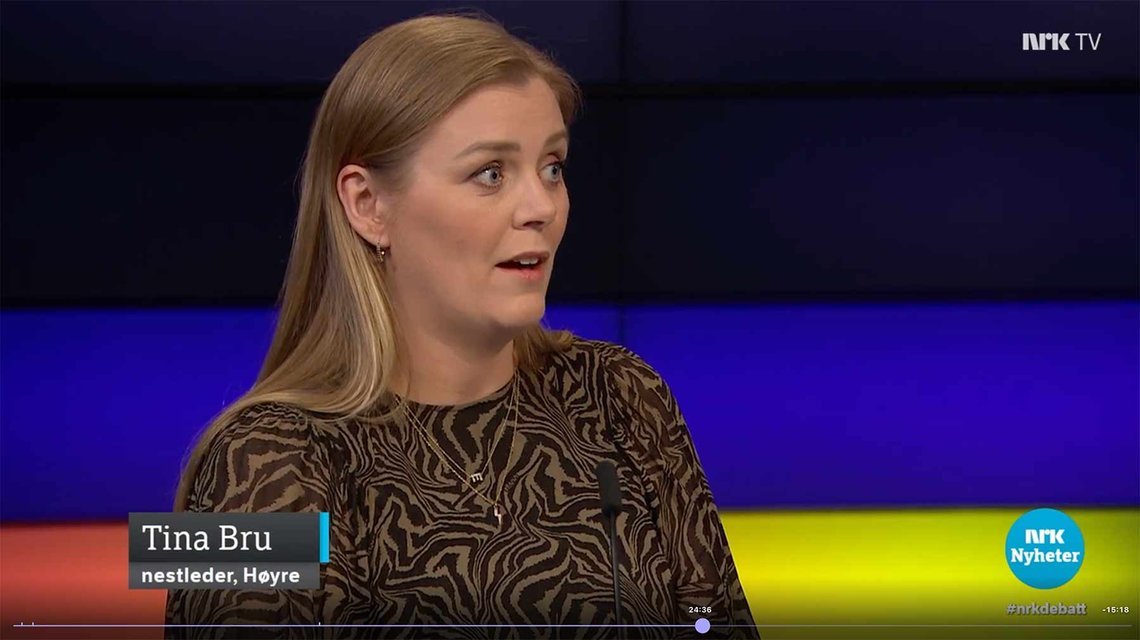 Tina Bru på NRK Debatten. (Skjermbilde fra sendingen/NRK) Tina Bru på NRK Debatten. (Skjermbilde fra sendingen/NRK)