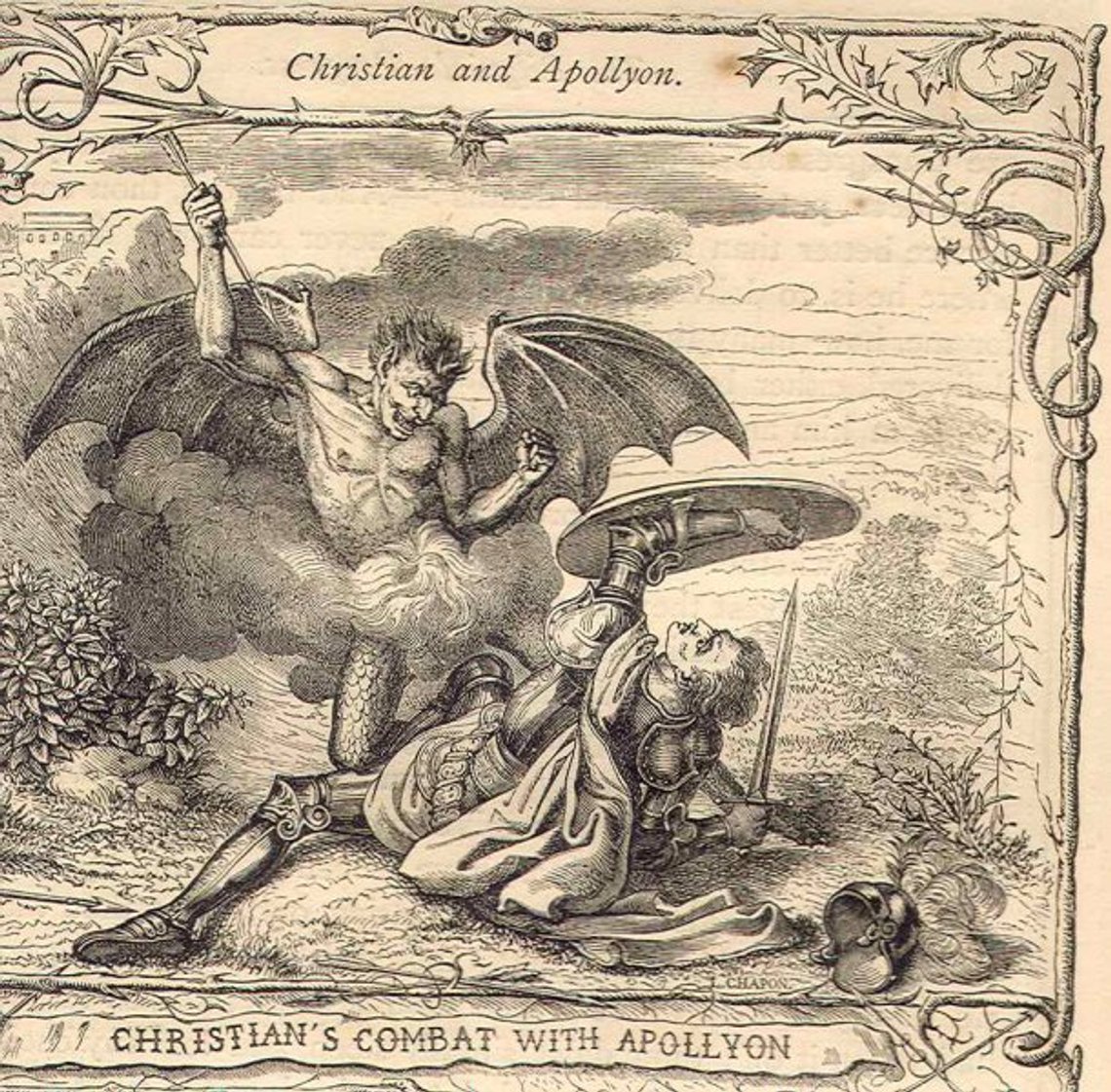 Aballon (Apullon på gresk) kjemper mot en kristen i John Bunyans fortelling Pilegrimsvandring. Bilde: Wikipedia/ H. C. Selous og M. Paolo Priolo Aballon (Apullon på gresk) kjemper mot en kristen i John Bunyans fortelling Pilegrimsvandring. Bilde: Wikipedia/ H. C. Selous og M. Paolo Priolo