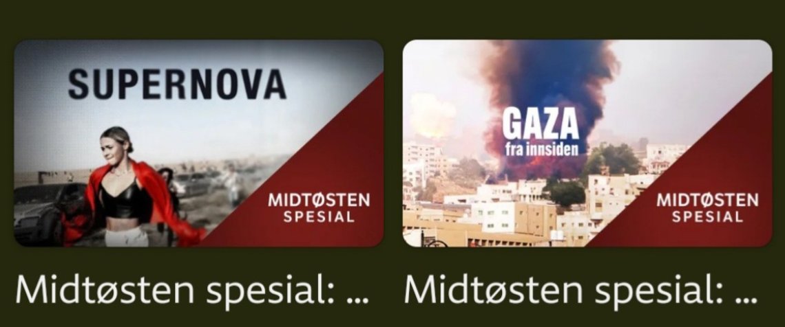 NRK forkledde Supernova-filmen som Midtøstenspesial da de omsider viste den, og da påklistret en film med Gaza-aktivisme. Skjermdump fra NRK. NRK forkledde Supernova-filmen som Midtøstenspesial da de omsider viste den, og da påklistret en film med Gaza-aktivisme. Skjermdump fra NRK.