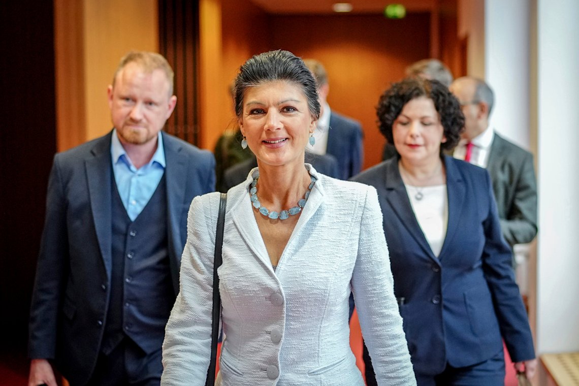 Sahra Wagenknecht, centre, Party Chairwoman of the Sahra Wagenknecht Alliance, Member of the Bundestag and Party Chairwoman of the Sahra Wagenknecht Alliance, Amira Mohamed Ali, right, and Member of the Bundestag Christian Leye arrive for a press conference after the European Parliament elections, in Berlin, Monday, June 10, 2024. (Kay Nietfeld/dpa via AP) Sahra Wagenknecht, centre, Party Chairwoman of the Sahra Wagenknecht Alliance, Member of the Bundestag and Party Chairwoman of the Sahra Wagenknecht Alliance, Amira Mohamed Ali, right, and Member of the Bundestag Christian Leye arrive for a press conference after the European Parliament elections, in Berlin, Monday, June 10, 2024. (Kay Nietfeld/dpa via AP)