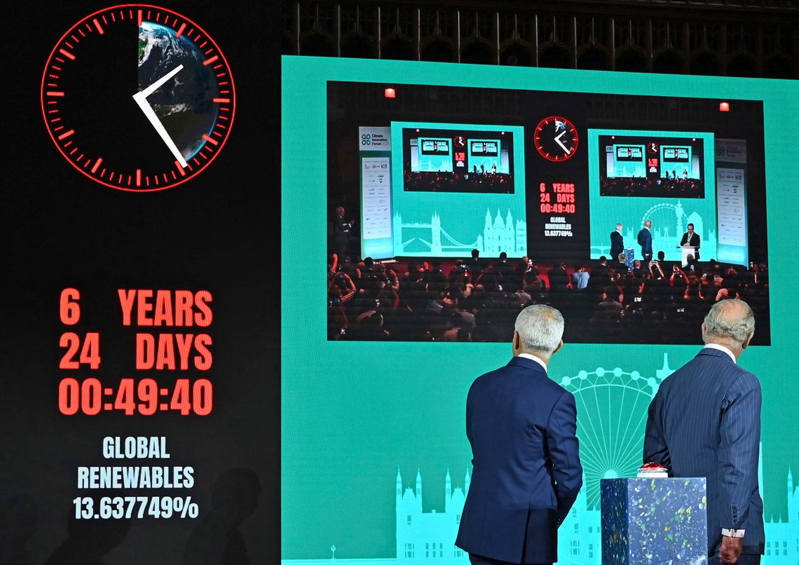 Britain's King Charles III, right, looks on with London Mayor Sadiq Khan after Khan activated the 'Climate Clock', an indicator that will highlight the predication that there are just over 6 years to act in order to limit global warming to 1.5 degrees, according to data from the IPCC and MCC, during the Climate Innovation Forum at the Guildhall in London, Wednesday, June 28, 2023. The Climate Innovation Forum aims to bring together leaders from government, business, finance, and civil society to encourage collaboration and innovation towards meeting global climate goals. (Justin Tallis/Pool Photo via AP) Britain's King Charles III, right, looks on with London Mayor Sadiq Khan after Khan activated the 'Climate Clock', an indicator that will highlight the predication that there are just over 6 years to act in order to limit global warming to 1.5 degrees, according to data from the IPCC and MCC, during the Climate Innovation Forum at the Guildhall in London, Wednesday, June 28, 2023. The Climate Innovation Forum aims to bring together leaders from government, business, finance, and civil society to encourage collaboration and innovation towards meeting global climate goals. (Justin Tallis/Pool Photo via AP)