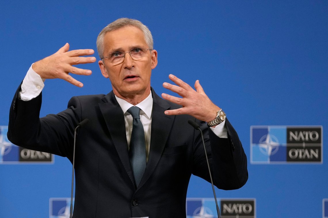 NATO Secretary General Jens Stoltenberg addresses a media conference after a meeting of NATO defense ministers at NATO headquarters in Brussels, Friday, June 14, 2024. (AP Photo/Virginia Mayo) NATO Secretary General Jens Stoltenberg addresses a media conference after a meeting of NATO defense ministers at NATO headquarters in Brussels, Friday, June 14, 2024. (AP Photo/Virginia Mayo)