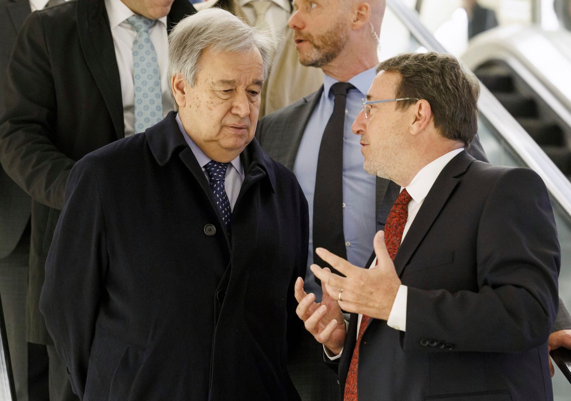 United Nations Development Programme (UNDP) administrator Achim Steiner, right, speaks to U.N. Secretary-General Antonio Guterres, as they leave a press stakeout, during the International Conference on Climate-Resilient Pakistan, at the European headquarters of the United Nation, in Geneva, Switzerland, Monday, Jan. 9, 2023. (Salvatore Di Nolfi/Keystone via AP) United Nations Development Programme (UNDP) administrator Achim Steiner, right, speaks to U.N. Secretary-General Antonio Guterres, as they leave a press stakeout, during the International Conference on Climate-Resilient Pakistan, at the European headquarters of the United Nation, in Geneva, Switzerland, Monday, Jan. 9, 2023. (Salvatore Di Nolfi/Keystone via AP)