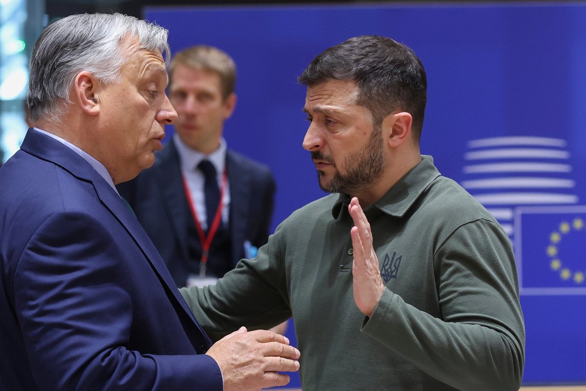 Ukraine's President Volodymyr Zelenskyy, right, speaks with Hungary's Prime Minister Viktor Orban during a round table meeting at an EU summit in Brussels, Thursday, June 27, 2024. European Union leaders are expected on Thursday to discuss the next EU top jobs, as well as the situation in the Middle East and Ukraine, security and defence and EU competitiveness. (Olivier Hoslet, Pool Photo via AP) Ukraine's President Volodymyr Zelenskyy, right, speaks with Hungary's Prime Minister Viktor Orban during a round table meeting at an EU summit in Brussels, Thursday, June 27, 2024. European Union leaders are expected on Thursday to discuss the next EU top jobs, as well as the situation in the Middle East and Ukraine, security and defence and EU competitiveness. (Olivier Hoslet, Pool Photo via AP)