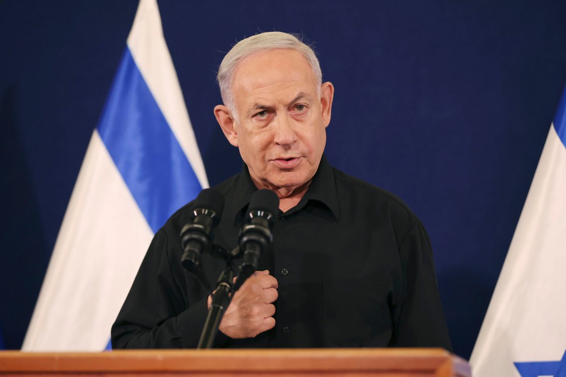 FILE - Israeli Prime Minister Benjamin Netanyahu speaks during a news conference in the Kirya military base in Tel Aviv, Israel, on Oct. 28, 2023. The departure of Benny Gantz, a centrist member of Israel's three-member War Cabinet, after eight months spent in Israel's war cabinet does not immediately appear to challenge government but does put pressure on Netanyahu. His resignation will likely embolden and empower Israel's radical ultranationalist cabinet ministers who have fiercely opposed all cease-fire deals. (Abir Sultan/Pool Photo via AP, File) FILE - Israeli Prime Minister Benjamin Netanyahu speaks during a news conference in the Kirya military base in Tel Aviv, Israel, on Oct. 28, 2023. The departure of Benny Gantz, a centrist member of Israel's three-member War Cabinet, after eight months spent in Israel's war cabinet does not immediately appear to challenge government but does put pressure on Netanyahu. His resignation will likely embolden and empower Israel's radical ultranationalist cabinet ministers who have fiercely opposed all cease-fire deals. (Abir Sultan/Pool Photo via AP, File)
