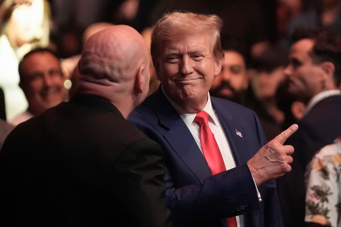 Former President Donald Trump, center right, talks to Dana White while attending the UFC 302 mixed martial arts event Saturday, June 1, 2024, in Newark, N.J. (AP Photo/Frank Franklin II) Former President Donald Trump, center right, talks to Dana White while attending the UFC 302 mixed martial arts event Saturday, June 1, 2024, in Newark, N.J. (AP Photo/Frank Franklin II)