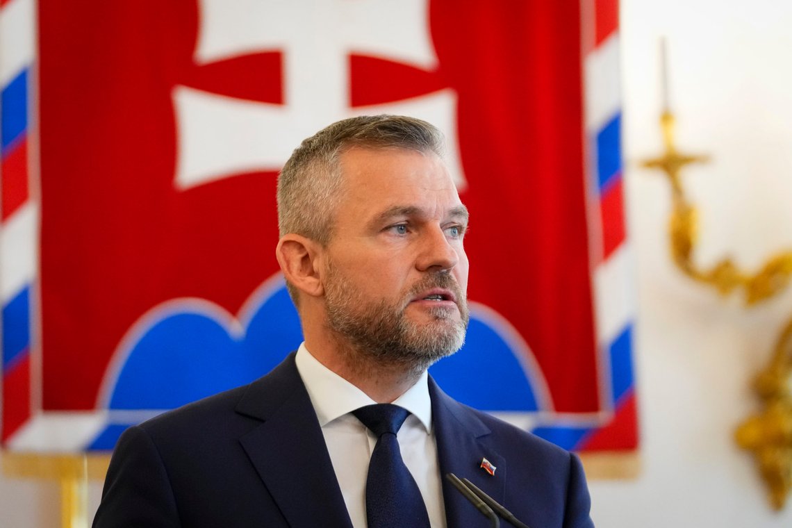 FILE - Slovakia's President elect Peter Pellegrini speaks during joint press statements with incumbent President Zuzana Caputova at the presidential palace in Bratislava, Slovakia, Thursday, May 16, 2024. Pellegrini, a close ally of populist Prime Minister Robert Fico, was inaugurated Saturday, June 15, as the president of Slovakia, succeeding Zuzana Čaputová, the country’s first female head of state. (AP Photo/Petr David Josek, File) FILE - Slovakia's President elect Peter Pellegrini speaks during joint press statements with incumbent President Zuzana Caputova at the presidential palace in Bratislava, Slovakia, Thursday, May 16, 2024. Pellegrini, a close ally of populist Prime Minister Robert Fico, was inaugurated Saturday, June 15, as the president of Slovakia, succeeding Zuzana Čaputová, the country’s first female head of state. (AP Photo/Petr David Josek, File)