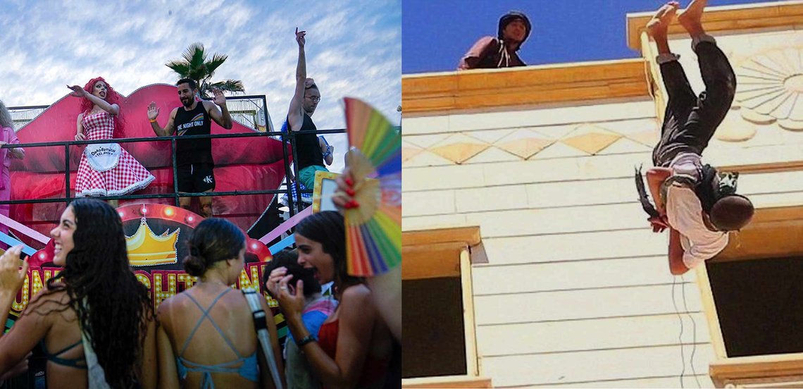 Pride i Israel og Pride under islam (t.h.)(Foto: AP Photo/Ohad Zwigenberg og videostillbilde fra ISIS) Pride i Israel og Pride under islam (t.h.)(Foto: AP Photo/Ohad Zwigenberg og videostillbilde fra ISIS)