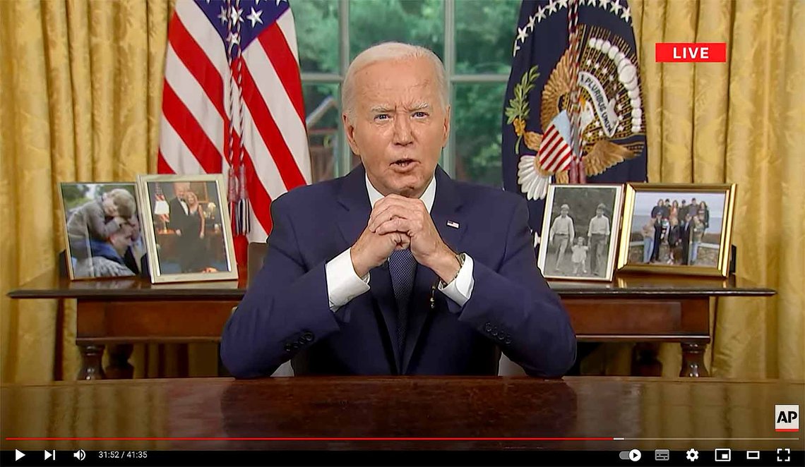 Joe Biden var direkte inne med en velregissert tale fra det Ovale kontor i natt norsk tid. (Foto: YouTube/AP) Joe Biden var direkte inne med en velregissert tale fra det Ovale kontor i natt norsk tid. (Foto: YouTube/AP)