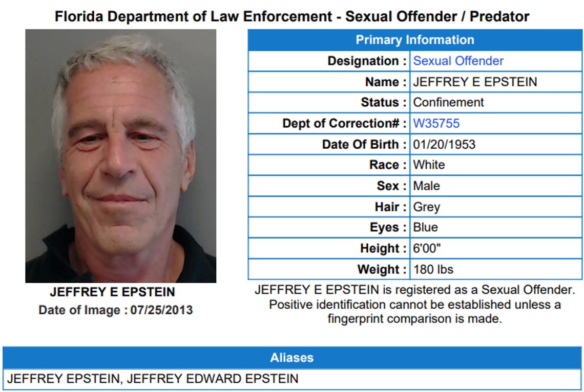 Jeffrey Epstein ble registrert som seksualforbryter hos delstatspolitiet Florida's Department of Law Enforcement i 2009. Jeffrey Epstein ble registrert som seksualforbryter hos delstatspolitiet Florida's Department of Law Enforcement i 2009.