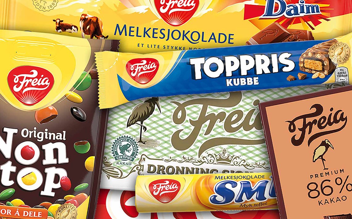 Freias eierselskap fikk rekordomsetning samme år som de ble boikottet av en rekke norske selskaper. (Foto: Freia/montasje) Montasje av Freia-produkter