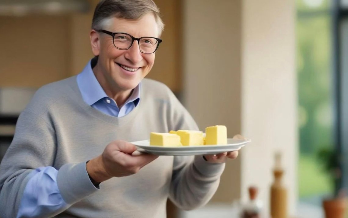 Bildet fremstiller Bill Gates med sitt syntetiske laboratoriesmør. Det er hentet fra Twitter og kan se litt KI-generert ut Bildet fremstiller Bill Gates med sitt syntetiske laboratoriesmør. Det er hentet fra Twitter og kan se litt KI-generert ut