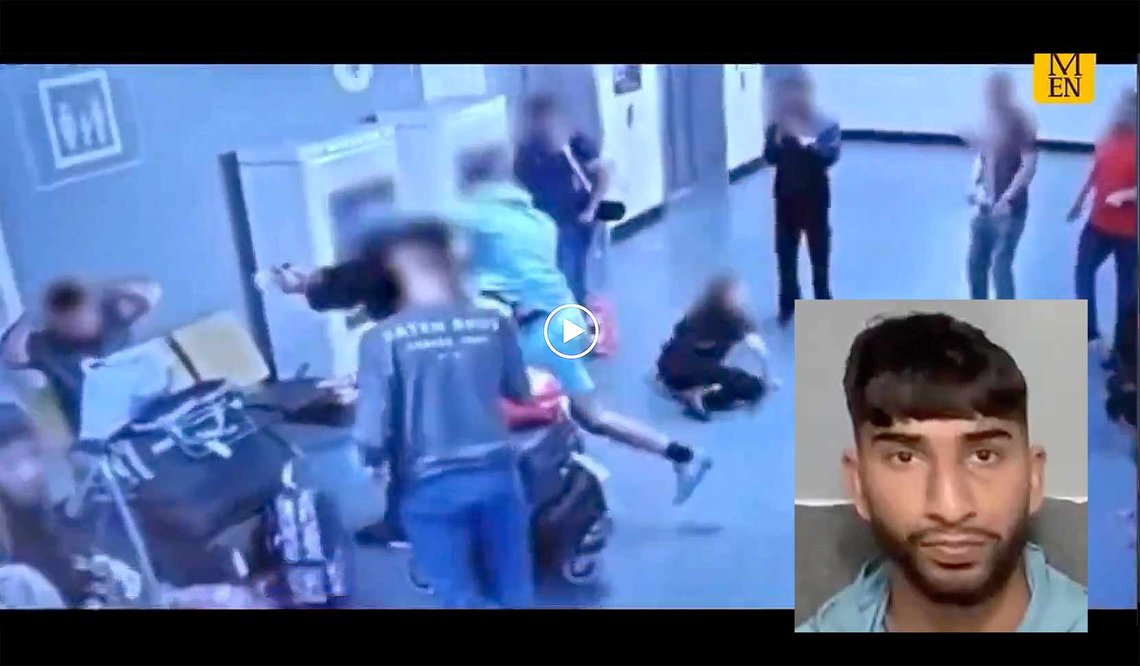 En overvåkningsvideo fra terminal 2 på Manchester lufthavn viser foranledningen til en politivoldsepisode som gikk viralt på sosiale medier. Innfelt: Muhammed Fahir Kahn (Foto: Privat/Akhmed Yakoob) En overvåkningsvideo fra terminal 2 på Manchester lufthavn viser foranledningen til en politivoldsepisode som gikk viralt på sosiale medier. Innfelt: Muhammed Fahir Kahn (Foto: Privat/Akhmed Yakoob)