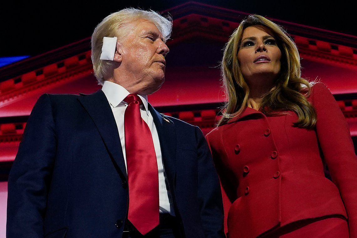 Republican presidential candidate former President Donald Trump, stands on stage with Melania Trump after speaking during the Republican National Convention, Thursday, July 18, 2024, in Milwaukee. (AP Photo/Julia Nikhinson) Republican presidential candidate former President Donald Trump, stands on stage with Melania Trump after speaking during the Republican National Convention, Thursday, July 18, 2024, in Milwaukee. (AP Photo/Julia Nikhinson)