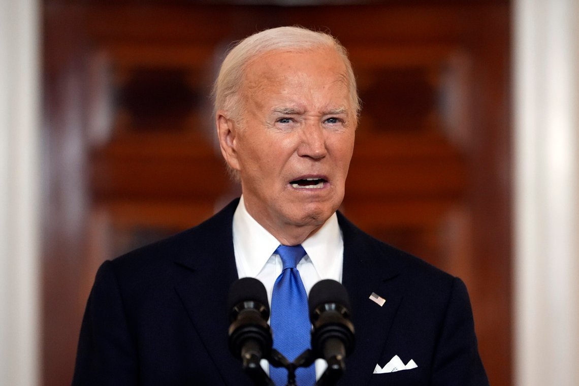 President Joe Biden speaks in the Cross Hall of the White House Monday, July 1, 2024, in Washington. (AP Photo/Jacquelyn Martin) President Joe Biden speaks in the Cross Hall of the White House Monday, July 1, 2024, in Washington. (AP Photo/Jacquelyn Martin)