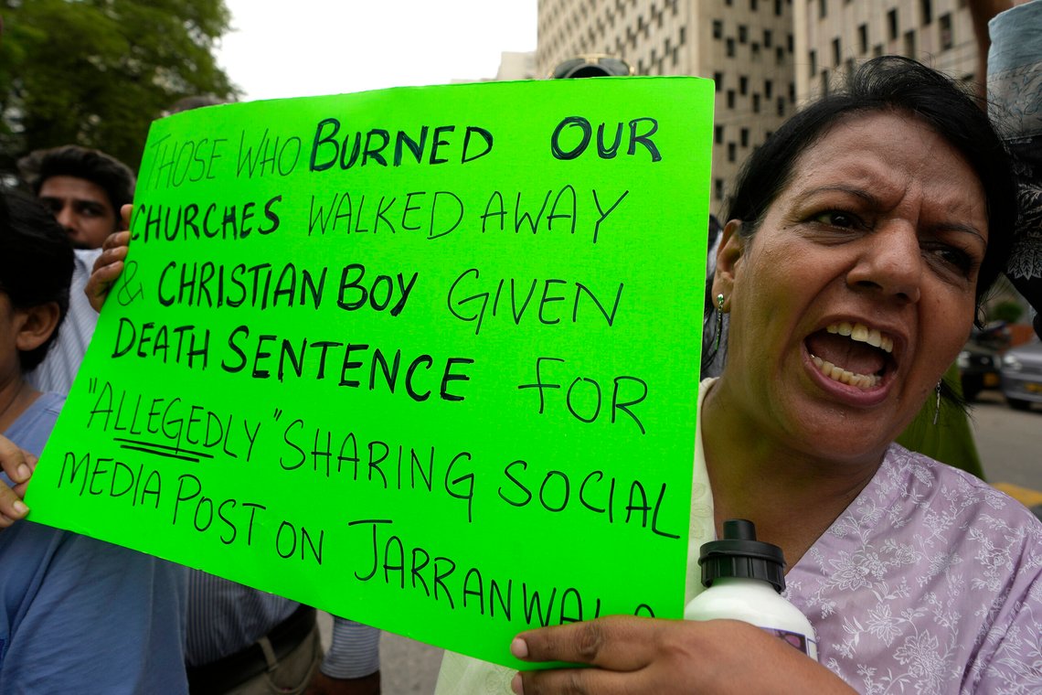 A member from Pakistan's minority community chants slogans during a demonstration against the conviction of a Christian man on charges of blasphemy and condemn the country's blasphemy laws, Tuesday, July 2, 2024. A court had awarded a death sentence to Ehsan Shan after finding him guilty of sharing "hateful content against Muslims on social media after one of the worst mob attacks on Christians in the eastern Punjab province last year. (AP Photo/Fareed Khan) A member from Pakistan's minority community chants slogans during a demonstration against the conviction of a Christian man on charges of blasphemy and condemn the country's blasphemy laws, Tuesday, July 2, 2024. A court had awarded a death sentence to Ehsan Shan after finding him guilty of sharing "hateful content against Muslims on social media after one of the worst mob attacks on Christians in the eastern Punjab province last year. (AP Photo/Fareed Khan)
