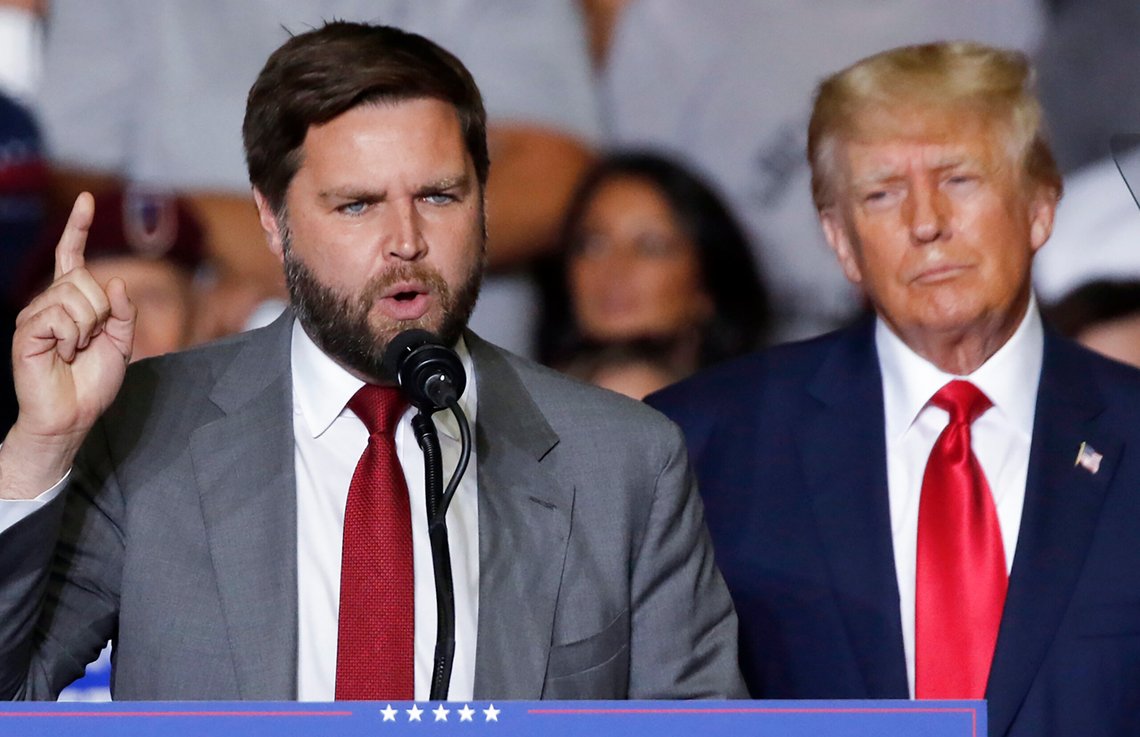 FILE - Republican Ohio Senate candidate JD Vance speaks as Republican presidential candidate former President Donald Trump listens at a campaign rally in Youngstown, Ohio., Sept. 17, 2022. Trump says Vance will be his vice presidential pick for 2024. He says on his Truth Social Network that, “After lengthy deliberation and thought, and considering the tremendous talents of many others, I have decided that the person best suited to assume the position of Vice President of the United States is Senator J.D. Vance of the Great State of Ohio.” (AP Photo/Tom E. Puskar, File) FILE - Republican Ohio Senate candidate JD Vance speaks as Republican presidential candidate former President Donald Trump listens at a campaign rally in Youngstown, Ohio., Sept. 17, 2022. Trump says Vance will be his vice presidential pick for 2024. He says on his Truth Social Network that, “After lengthy deliberation and thought, and considering the tremendous talents of many others, I have decided that the person best suited to assume the position of Vice President of the United States is Senator J.D. Vance of the Great State of Ohio.” (AP Photo/Tom E. Puskar, File)