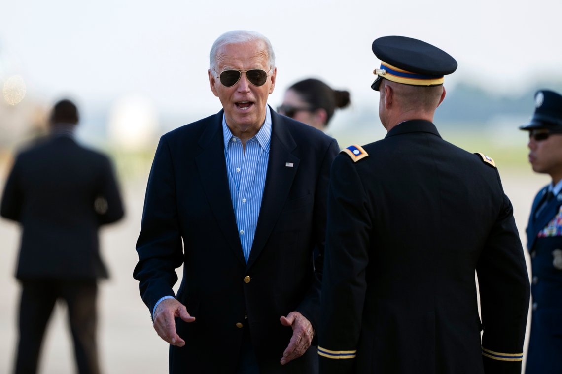 President Joe Biden responds to questions from the traveling press as he arrives at Delaware Air National Guard Base in New Castle, Del., Friday, July 5, 2024, from a campaign rally in Madison, Wis. (AP Photo/Manuel Balce Ceneta) President Joe Biden responds to questions from the traveling press as he arrives at Delaware Air National Guard Base in New Castle, Del., Friday, July 5, 2024, from a campaign rally in Madison, Wis. (AP Photo/Manuel Balce Ceneta)